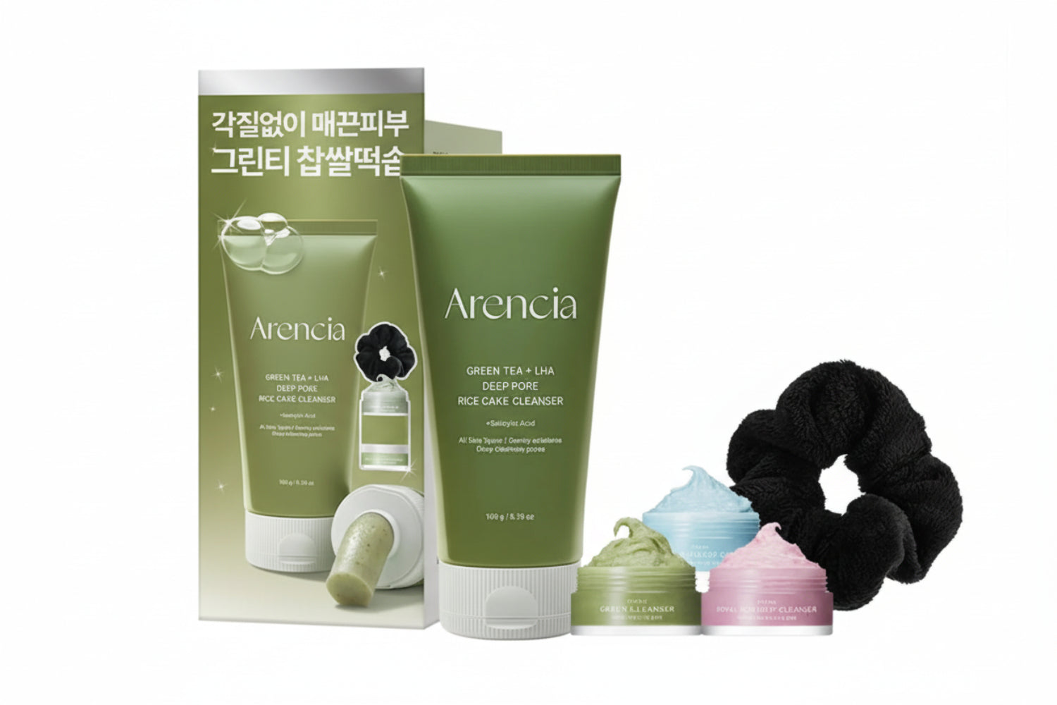Arencia Green Tea + LHA Deep Pore Rice Cake Cleanser 150g Limited Set (+Fresh Green/Rosehip/Blue Cleanser 15g+Hair C