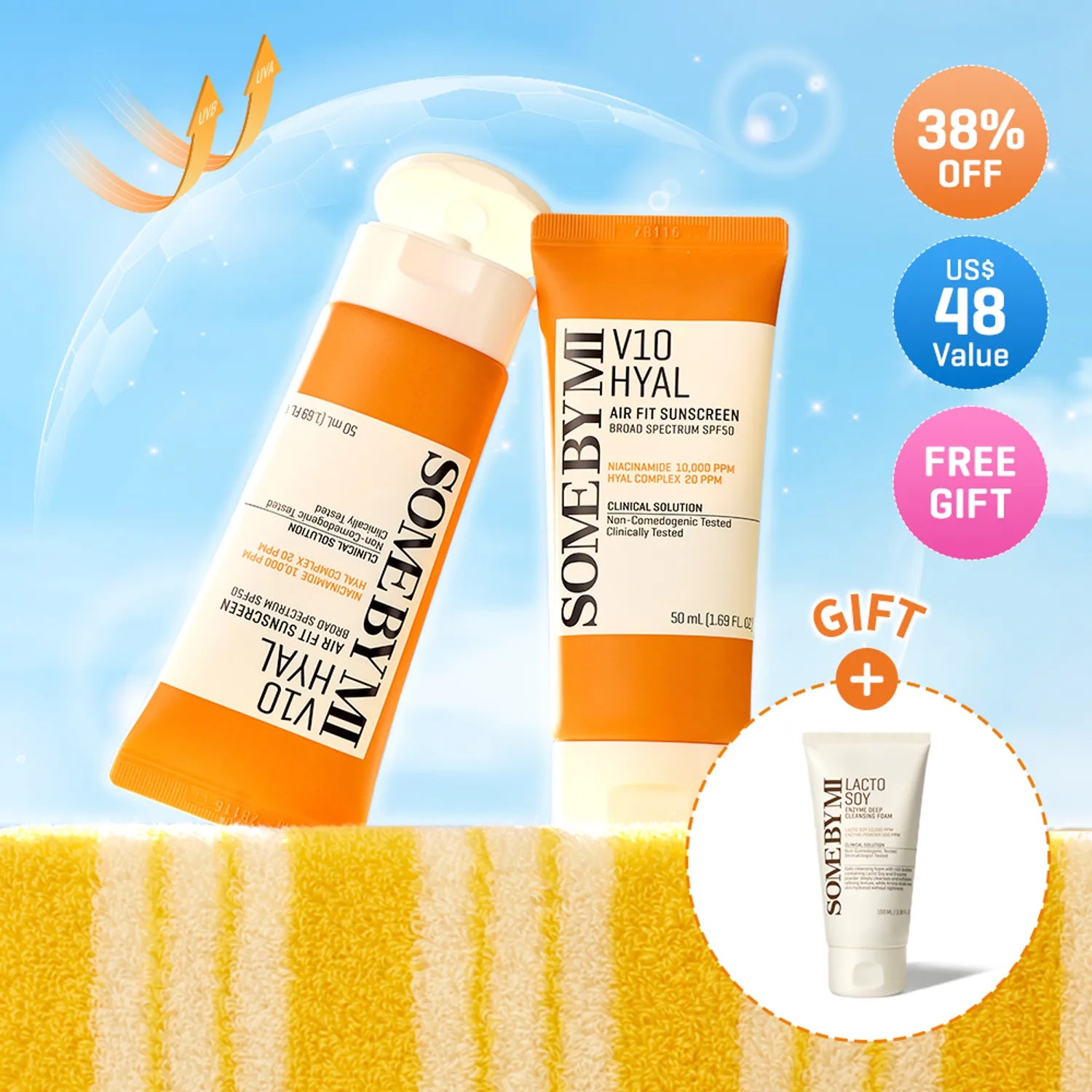 SOME BY MI V10 Hyal Air Fit Sunscreen 50mL DOUBLE SET (+ Lacto Soy Enzyme Deep Cleansing Foam)