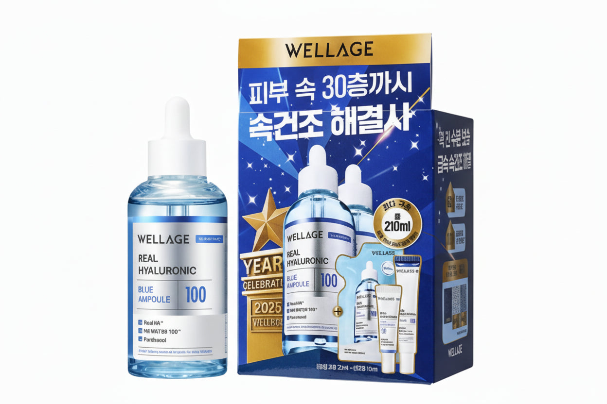 WELLAGE Real Hyaluronic Blue 100 Ampoule 75ml Limited Double Pack (+Refill 60ml+Cream 20ml+Sun Cream 10ml)